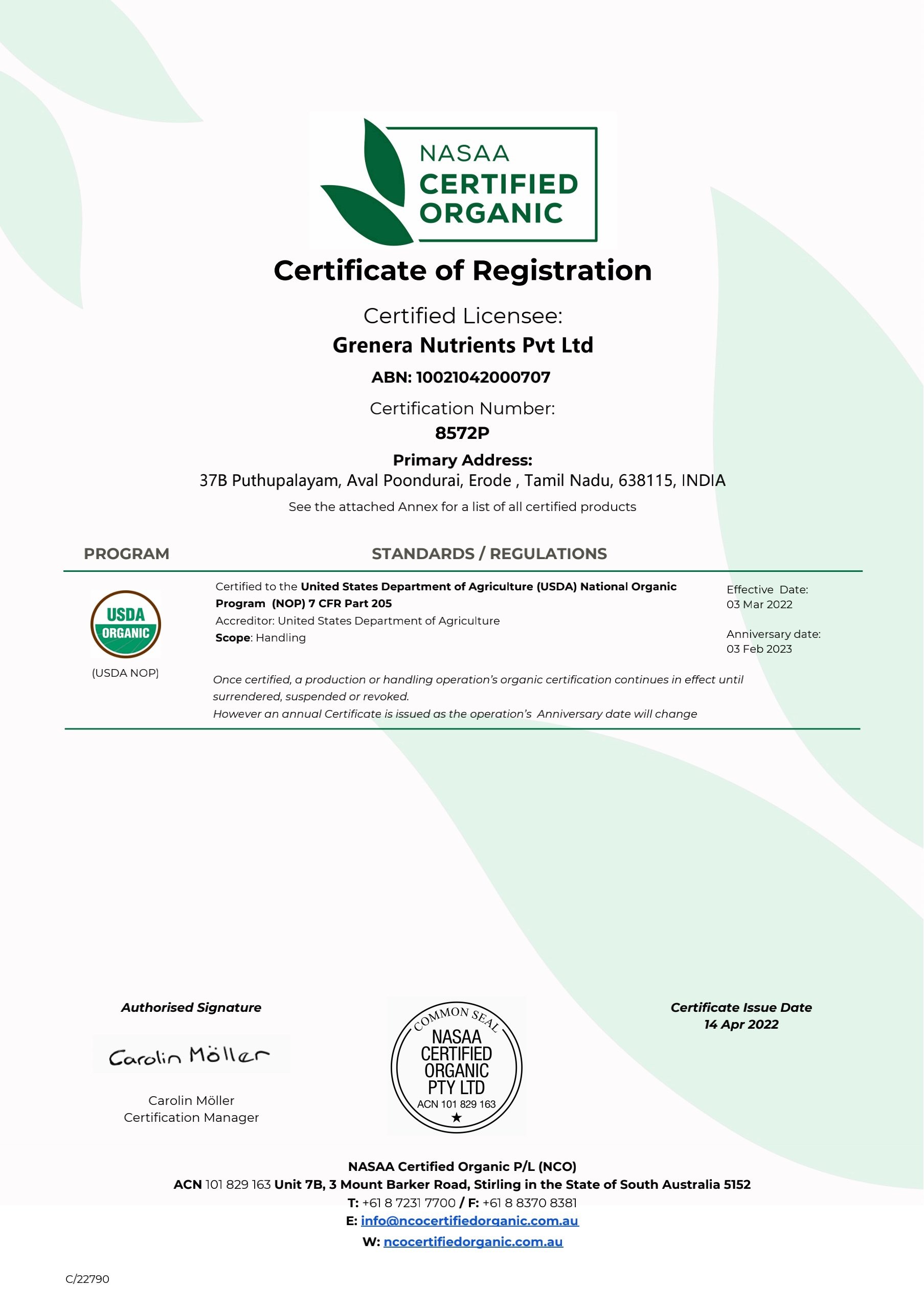 Registration certificate - GRENERA NUTRIENTS
