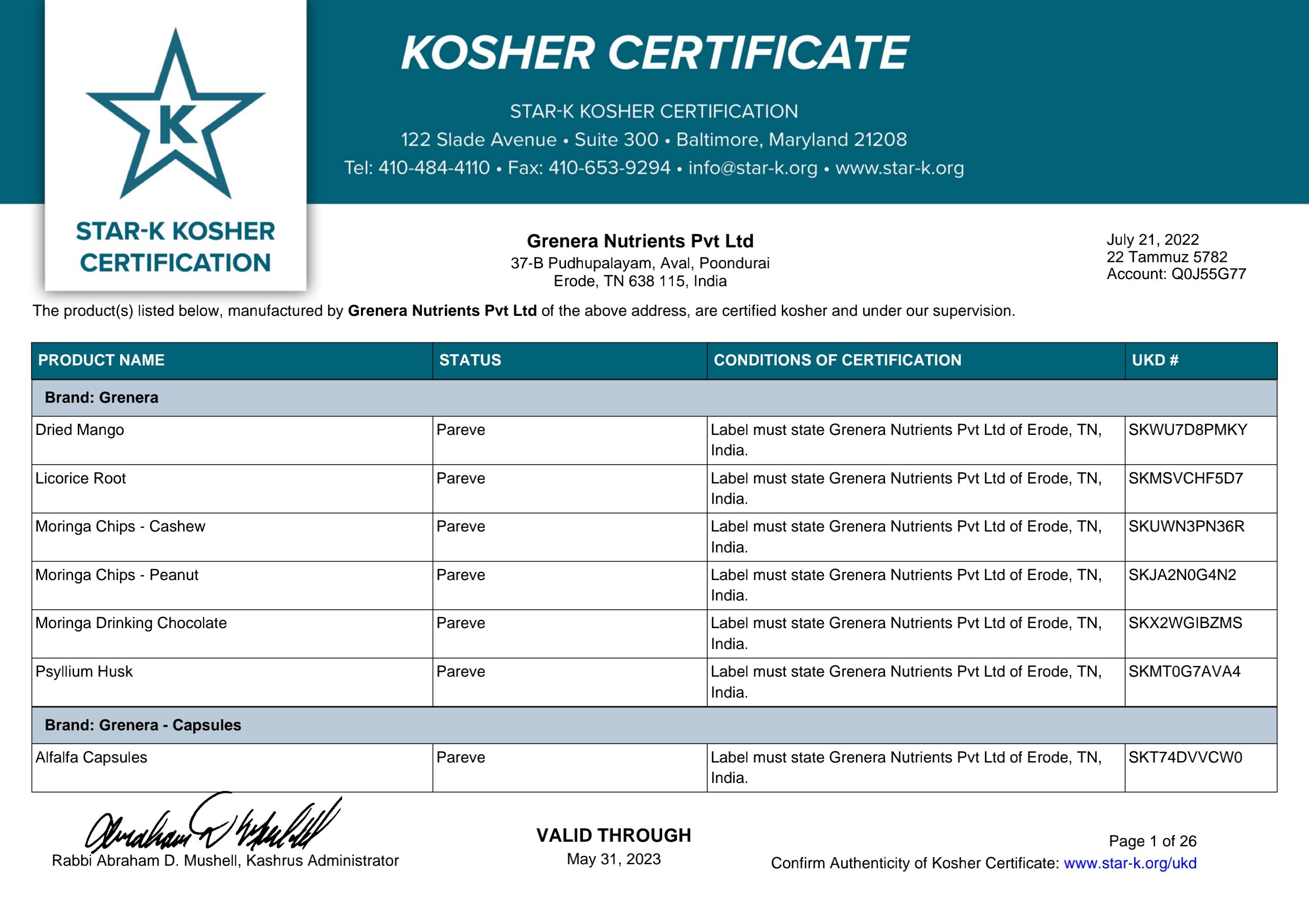 Grenera Nutrients - KOSHER Certificate